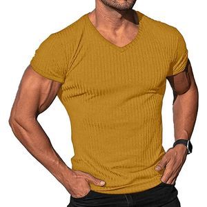 Men's Athletic Cut Short Sleeve V-Neck T-Shirt Mustard Yellow Tan Size XL